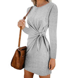 New Fashion Women's Casual Sweatshirt Long Sleeve Crew Neck Lace-Up Autumn Winter Dress Elegant Ladies Bodycon T-Shirt Dress