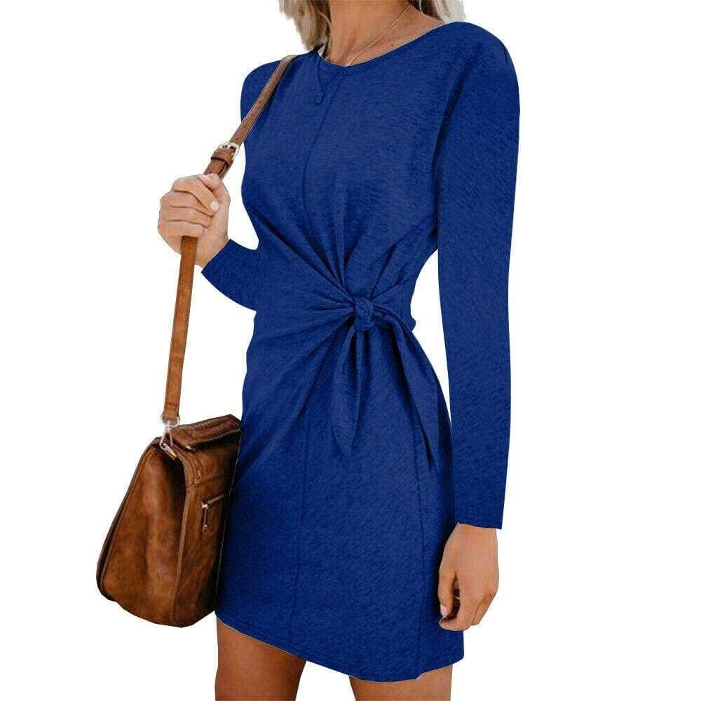 New Fashion Women's Casual Sweatshirt Long Sleeve Crew Neck Lace-Up Autumn Winter Dress Elegant Ladies Bodycon T-Shirt Dress