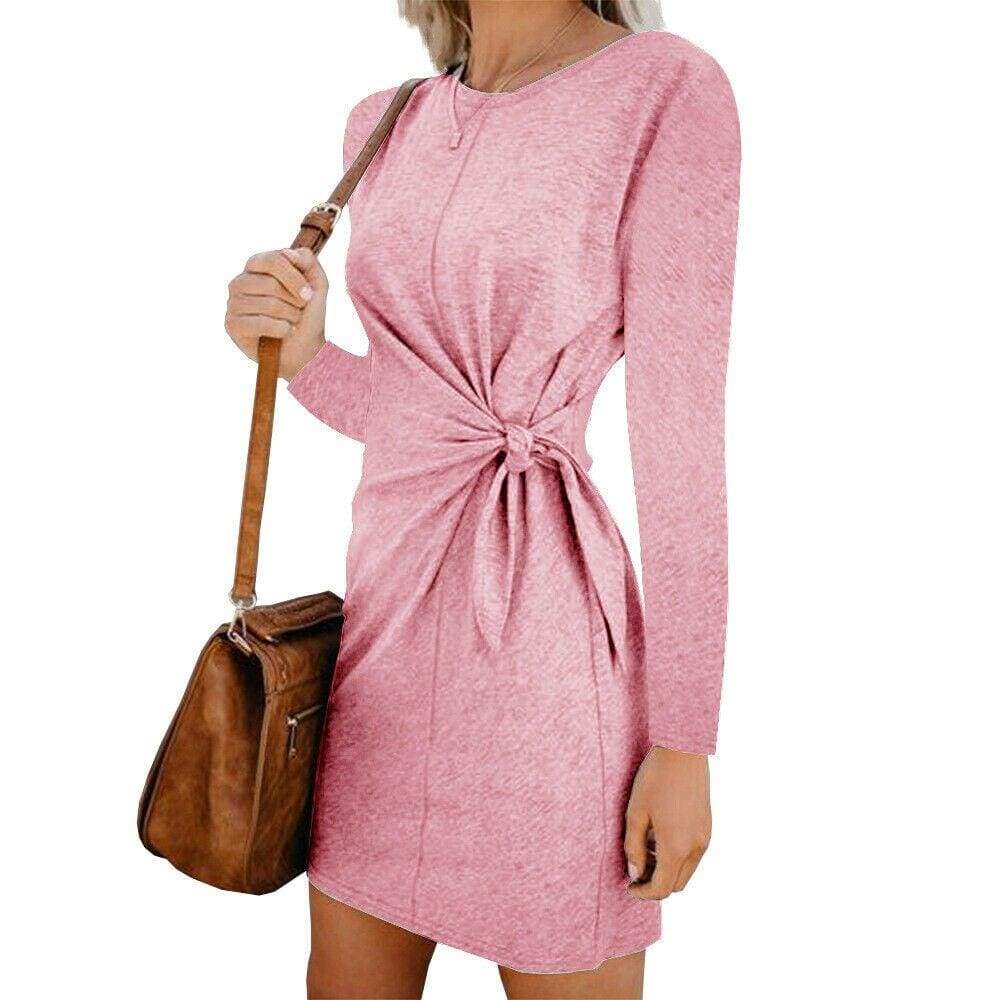 New Fashion Women's Casual Sweatshirt Long Sleeve Crew Neck Lace-Up Autumn Winter Dress Elegant Ladies Bodycon T-Shirt Dress