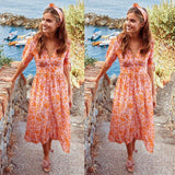 New Women Sweet Boho Floral Maxi Dress Summer Retro Short Sleeve Draped Bandage Dresses Lady Party Beach Sundress Vestidos