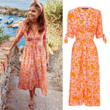 New Women Sweet Boho Floral Maxi Dress Summer Retro Short Sleeve Draped Bandage Dresses Lady Party Beach Sundress Vestidos