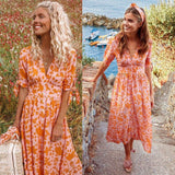 New Women Sweet Boho Floral Maxi Dress Summer Retro Short Sleeve Draped Bandage Dresses Lady Party Beach Sundress Vestidos