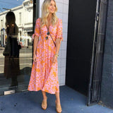 New Women Sweet Boho Floral Maxi Dress Summer Retro Short Sleeve Draped Bandage Dresses Lady Party Beach Sundress Vestidos