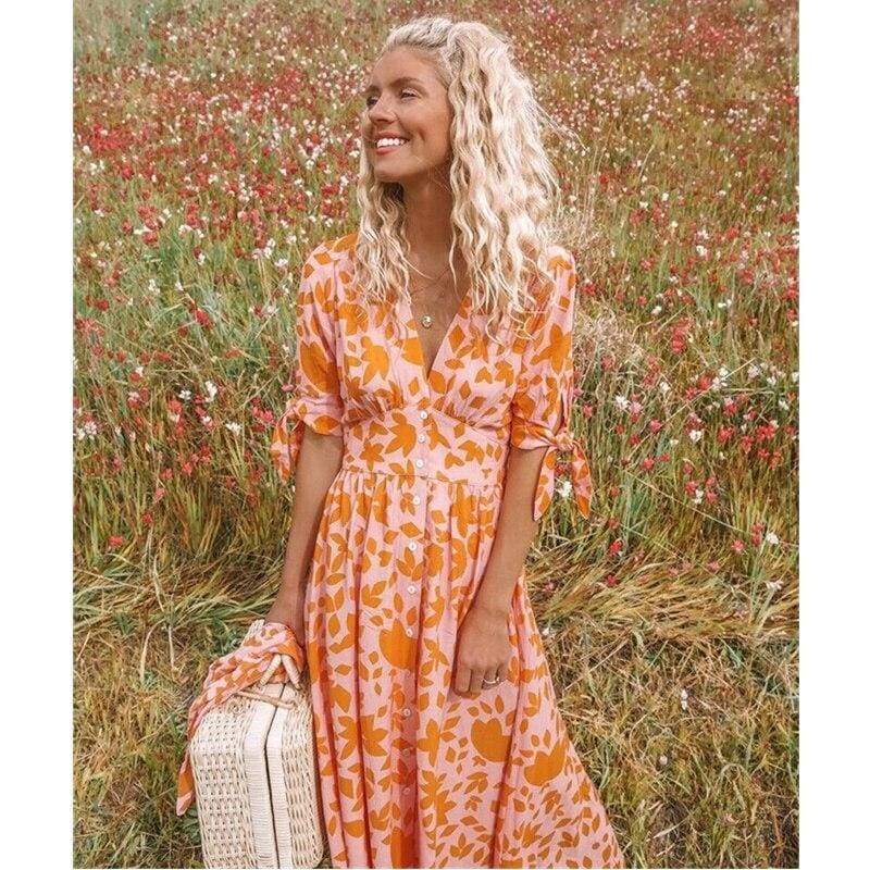 New Women Sweet Boho Floral Maxi Dress Summer Retro Short Sleeve Draped Bandage Dresses Lady Party Beach Sundress Vestidos