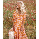 New Women Sweet Boho Floral Maxi Dress Summer Retro Short Sleeve Draped Bandage Dresses Lady Party Beach Sundress Vestidos