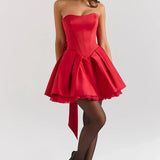 Red Satin Detachable Bow Mini Dress