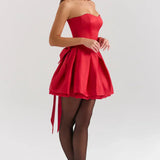 Red Satin Detachable Bow Mini Dress