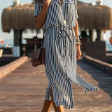 Office Ladies Stripe Shirt Dress Chiffon Casual Long Sleeve Dress