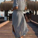 Office Ladies Stripe Shirt Dress Chiffon Casual Long Sleeve Dress