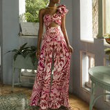 One Shoulder Print Pants Two Piece Set