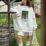 Printed White Loose Casual Crew Neck Pullover Sweatshirt