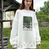 Printed White Loose Casual Crew Neck Pullover Sweatshirt