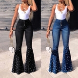 Women High Waist Flare Jeans Button Tassel Pants