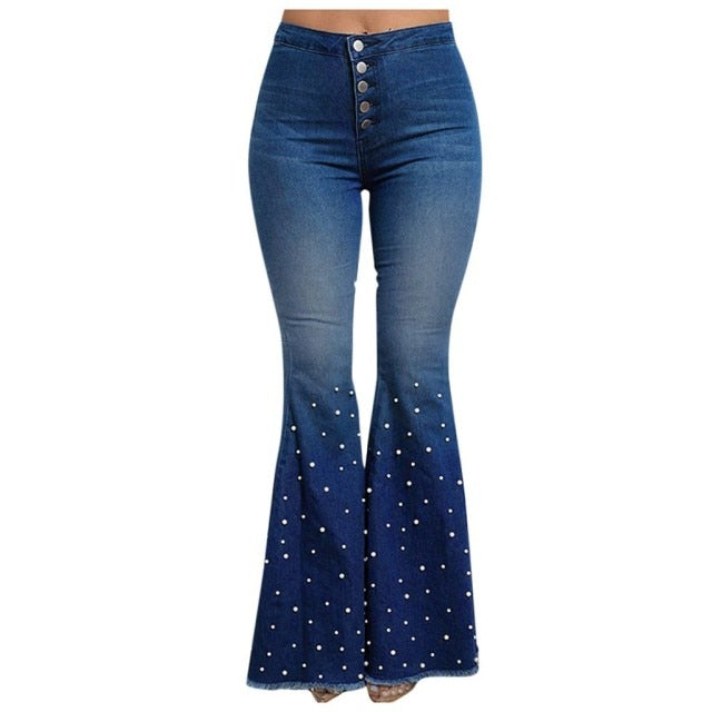 Women High Waist Flare Jeans Button Tassel Pants
