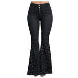 Women High Waist Flare Jeans Button Tassel Pants