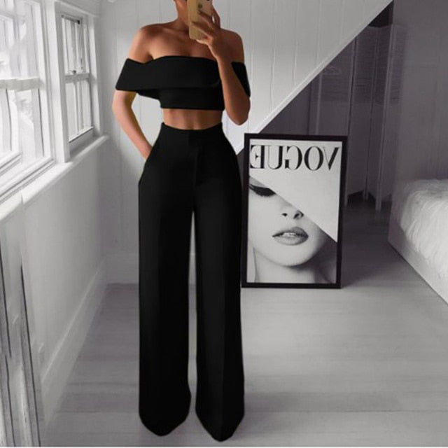 Summer Style 2Pcs Off Shoulder Crop Top Straight Pants Set for Women Sexy Outfit Yellow White Pink Black Two Piece Set Suit