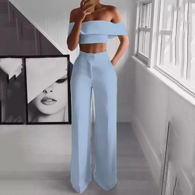Summer Style 2Pcs Off Shoulder Crop Top Straight Pants Set for Women Sexy Outfit Yellow White Pink Black Two Piece Set Suit