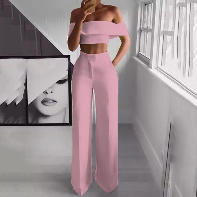 Summer Style 2Pcs Off Shoulder Crop Top Straight Pants Set for Women Sexy Outfit Yellow White Pink Black Two Piece Set Suit