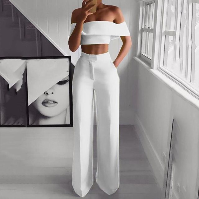 Summer Style 2Pcs Off Shoulder Crop Top Straight Pants Set for Women Sexy Outfit Yellow White Pink Black Two Piece Set Suit