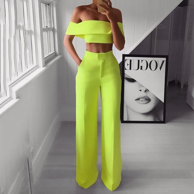 Summer Style 2Pcs Off Shoulder Crop Top Straight Pants Set for Women Sexy Outfit Yellow White Pink Black Two Piece Set Suit