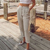 Solid Cotton Linen Women Pencil Pants Spring Casual Button High Waist Trousers Women Plus Size Long Pants 3XL
