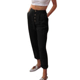 Solid Cotton Linen Women Pencil Pants Spring Casual Button High Waist Trousers Women Plus Size Long Pants 3XL