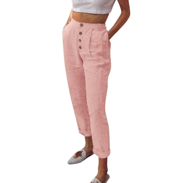 Solid Cotton Linen Women Pencil Pants Spring Casual Button High Waist Trousers Women Plus Size Long Pants 3XL