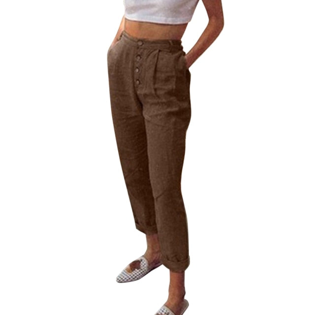 Solid Cotton Linen Women Pencil Pants Spring Casual Button High Waist Trousers Women Plus Size Long Pants 3XL