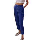 Solid Cotton Linen Women Pencil Pants Spring Casual Button High Waist Trousers Women Plus Size Long Pants 3XL