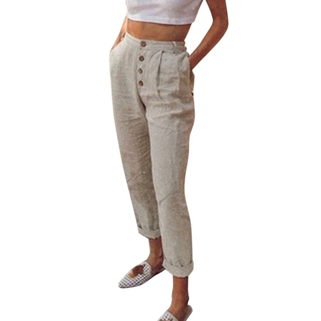 Solid Cotton Linen Women Pencil Pants Spring Casual Button High Waist Trousers Women Plus Size Long Pants 3XL