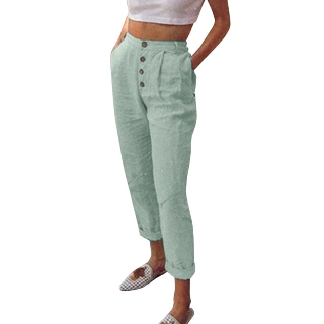 Solid Cotton Linen Women Pencil Pants Spring Casual Button High Waist Trousers Women Plus Size Long Pants 3XL