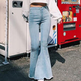 Women's Casual Fashion High Waist Slim And Skinny Big Flare Denim Pants Fashion Street Women's Solid Color Denim Trousers