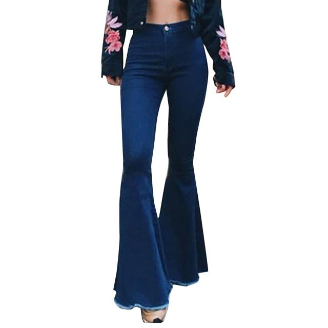 Women's Casual Fashion High Waist Slim And Skinny Big Flare Denim Pants Fashion Street Women's Solid Color Denim Trousers