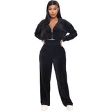 Velvet Tracksuit 2 Two Piece Set Women Zipper Hoodie Sweatshirt Wide Leg Pant