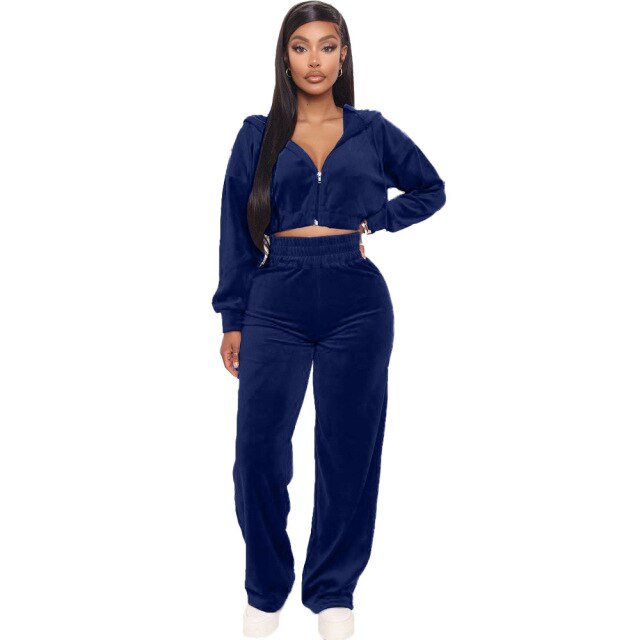 Velvet Tracksuit 2 Two Piece Set Women Zipper Hoodie Sweatshirt Wide Leg Pant
