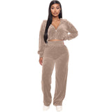 Velvet Tracksuit 2 Two Piece Set Women Zipper Hoodie Sweatshirt Wide Leg Pant
