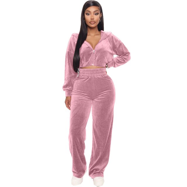 Velvet Tracksuit 2 Two Piece Set Women Zipper Hoodie Sweatshirt Wide Leg Pant