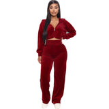 Velvet Tracksuit 2 Two Piece Set Women Zipper Hoodie Sweatshirt Wide Leg Pant