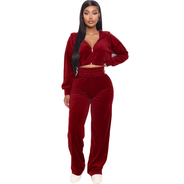 Velvet Tracksuit 2 Two Piece Set Women Zipper Hoodie Sweatshirt Wide Leg Pant