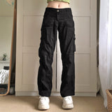 Y2K Black Cargo Jeans Ruched Pockets Cute Straight Trousers Punk Fashion Low Waisted Korean Jeans Women Retro Grunge