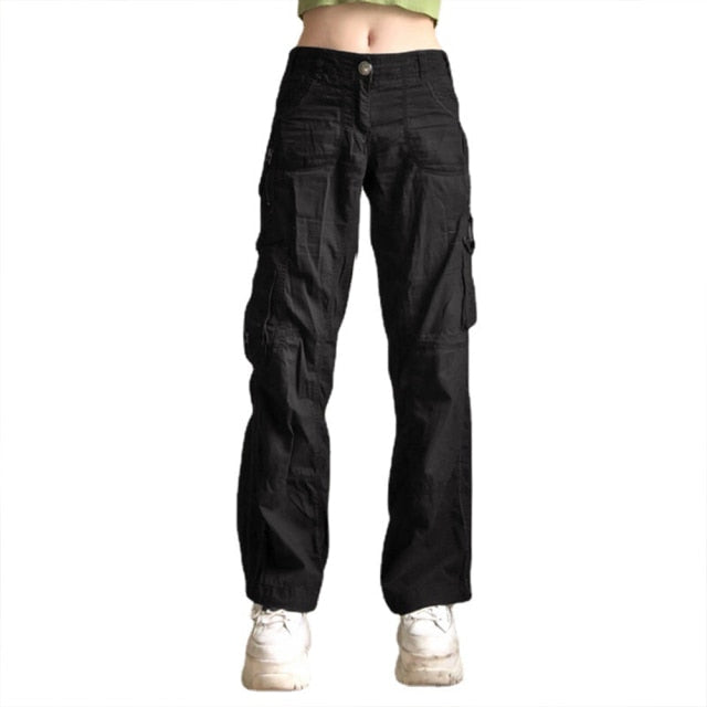 Y2K Black Cargo Jeans Ruched Pockets Cute Straight Trousers Punk Fashion Low Waisted Korean Jeans Women Retro Grunge