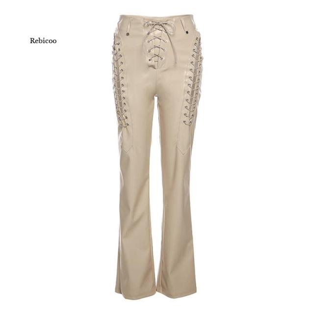 Faux PU High Waist Pants Women Chic Hollow Out Bandage Sexy Summer Trend Leather Club Trousers Slim Streetwear Punk Harajuku