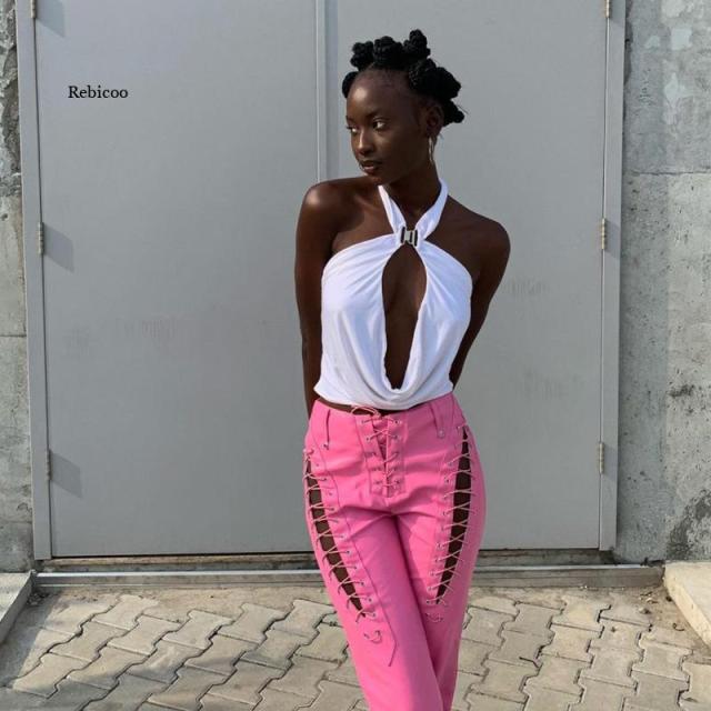 Faux PU High Waist Pants Women Chic Hollow Out Bandage Sexy Summer Trend Leather Club Trousers Slim Streetwear Punk Harajuku