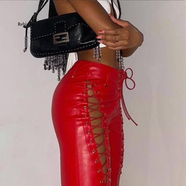 Faux PU High Waist Pants Women Chic Hollow Out Bandage Sexy Summer Trend Leather Club Trousers Slim Streetwear Punk Harajuku