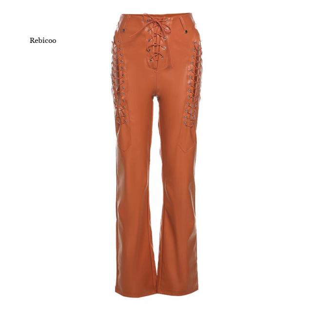 Faux PU High Waist Pants Women Chic Hollow Out Bandage Sexy Summer Trend Leather Club Trousers Slim Streetwear Punk Harajuku