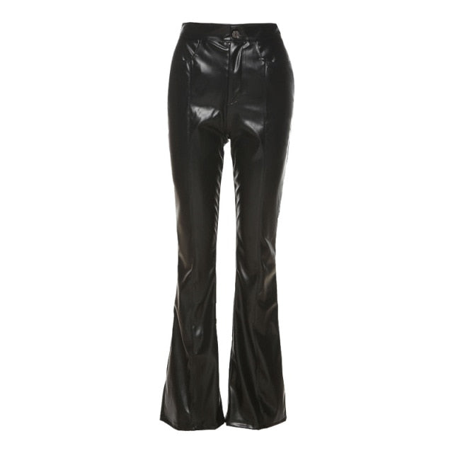 Women Flare Pants Black Latex Faux Leather High Waist Stretchy Long Trousers Disco Boho Lady Skinny PU Bell Bottom Pants Custom