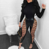 Sexy Hollow Out Skinny Bandage High Waist Clothes Jogger Pants