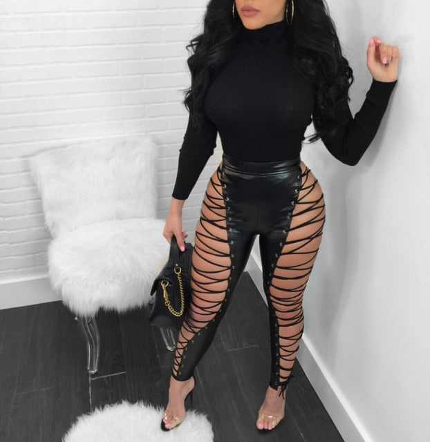Sexy Hollow Out Skinny Bandage High Waist Clothes Jogger Pants