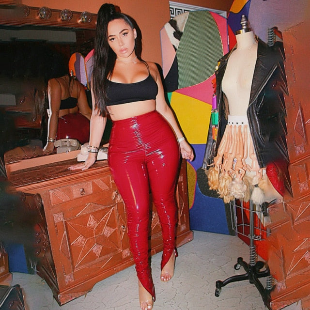 Casual Women Pu Leather Pants Solid Color High Waist High Streetwear Leggings Pants Sporty Clothes For Women Outfit