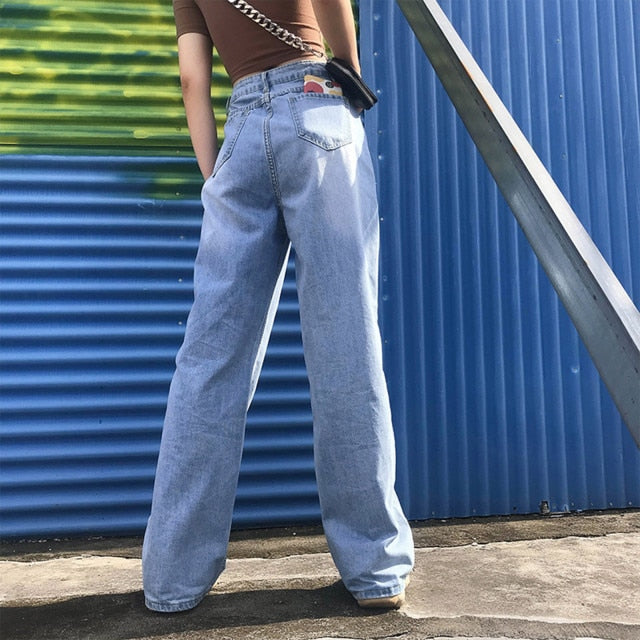 Pants For Women Fashion Jeans Woman High Waist Pocket Solid Casual Loose Wide Leg Pants Jeans